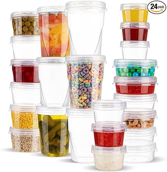 PLASTICPRO 24 Pack Twist Top Containers Assorted Sizes Plastic Food Storage Containers with Clear Twist on Lids Stackable Reusable