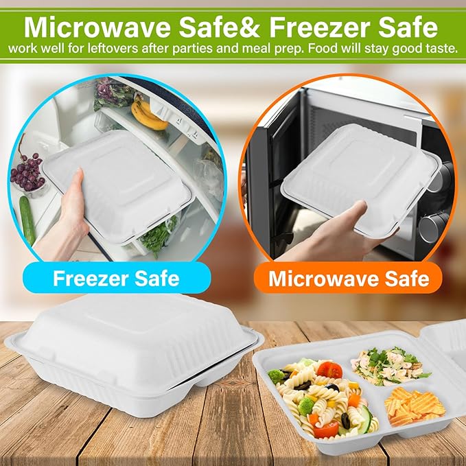 9x9 Clamshell Food Containers, 100 Pack Disposable Take Out Food Container With 3 Compartments, Compostable To Go Boxes, Eco Friendly To Go Containers With White Bagasse