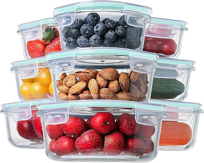 HOMBERKING Glass Food Storage Containers with Lids, [18 Piece] Glass Meal Prep Containers, Airtight Glass Lunch Bento Boxes, BPA-Free & Leak Proof (9 lids & 9 Containers) - Blue