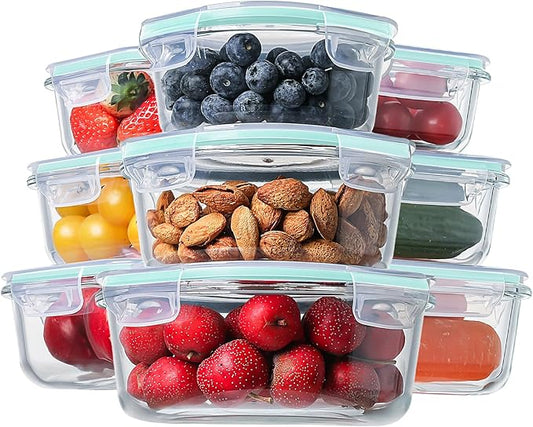 HOMBERKING Glass Food Storage Containers with Lids, [18 Piece] Glass Meal Prep Containers, Airtight Glass Lunch Bento Boxes, BPA-Free & Leak Proof (9 lids & 9 Containers) - Blue