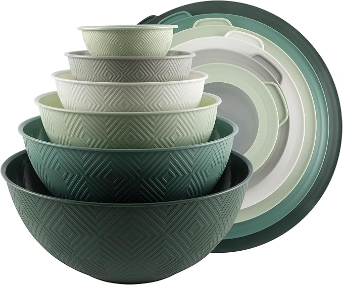 COOK WITH COLOR Mixing Bowls with Lids - 12 Piece Plastic Nesting Bowls Set includes 6 Prep Bowls and 6 Lids, Non Slip Bottom and Rhombus Design - Microwave Safe (Sage)