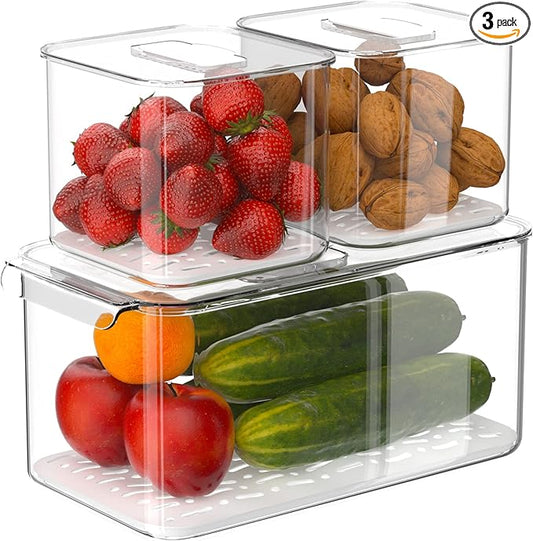 iPEGTOP Fridge Produce Saver Food Storage Bin Containers, Stackable Refrigerator Freezer Organizer Fresh Keeper Container with Vented Lids, 3 Pack