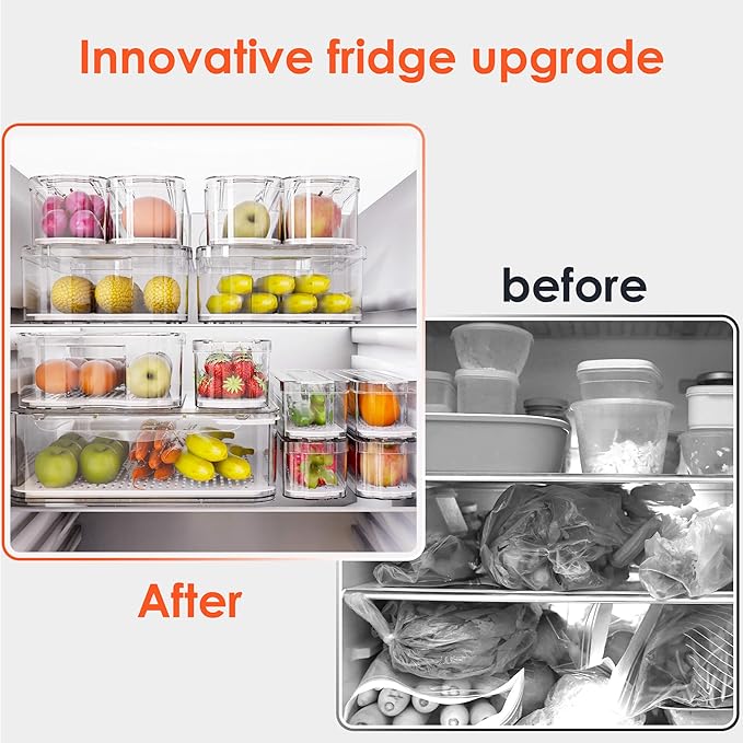 Fridge Organizers and Storage, 8 Pack Clear Freezer Organizer Bins with Lids for Kitchen, Pantry, Refrigerator, Food, Fruit, Vegetable Storage (8 Bins Include A Pull-out Drawer)