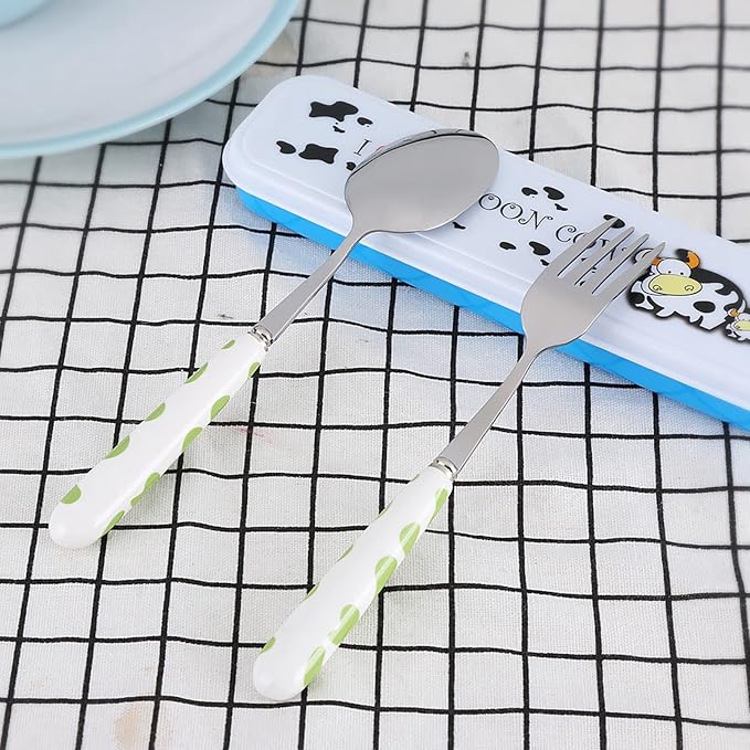 Children Flatware Set, Stainless Steel Fork Spoon with Storage Box Dinner Utensils Spoon Fork Set with Travel Case Toddler Travel Utensils for Kids Toddlers (Green)