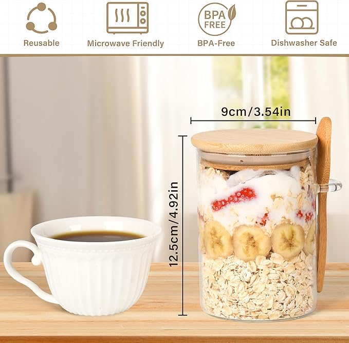 Overnight Oats Containers with Lids,4 Pack 18oz Overnight Oats Jars with Spoons,Salad Meal Prep Jar with Bamboo Lids for Chia Seed Pudding Salad Cereal Coffee Flour,Sourdough Starter Jar for Bread