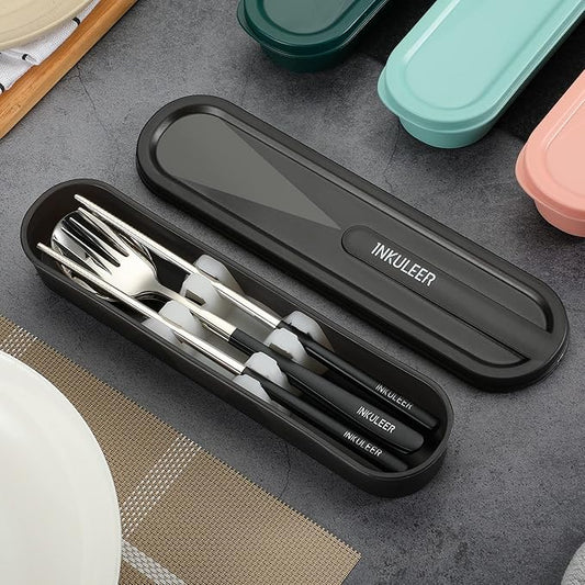 Travel cutlery set, 18/8 stainless steel cutlery, Reusable utensils set with case, Portable Silverware Lunch Box for Camping and Office