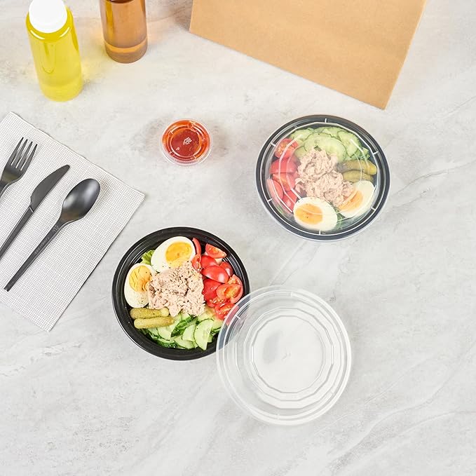 Restaurantware Asporto 16 Ounce To Go Boxes 100 Microwavable Take Out Food Containers - Clear Plastic Lids Included Do Not Contain BPA Black Plastic Catering Food Containers Disposable Round