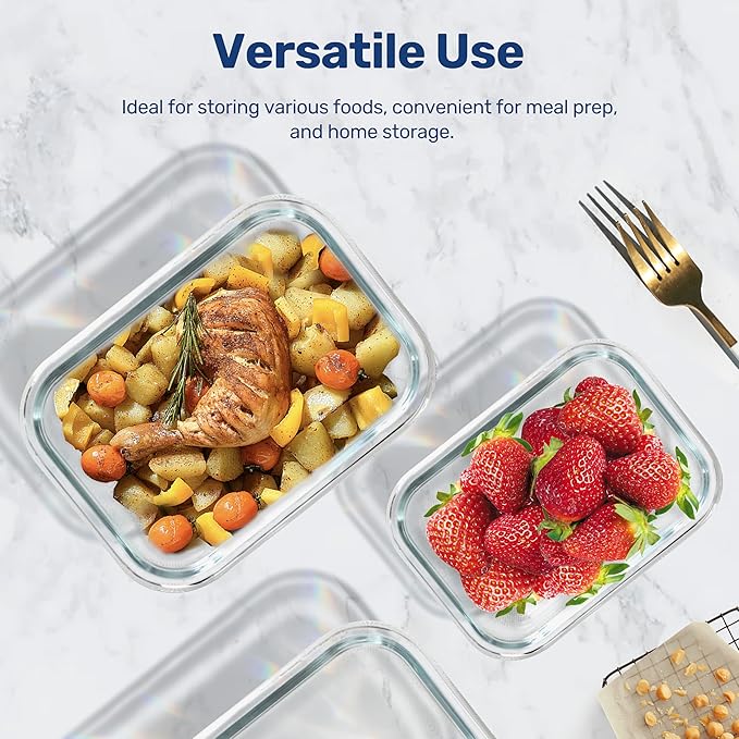 YSSOA All Temp Food Storage Container, Glass Meal Prep Containers with Lids, BPA-Free,Glass Lunch Boxes, Microwave, Oven,Dishwasher Friendly,BPA-Free,Ideal for Lunch, Meal Prep & Leftovers, 4 Packs