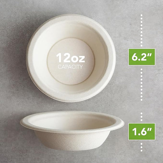125 pack |12 oz Heavy Duty Paper Bowls | 100% Compostable Paper Plate | Disposable Biodegradable | Natural Brown, Round | Large Dinner Plate