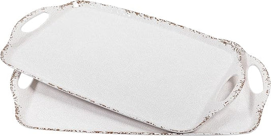Farmhouse Melamine Serving Tray with Handles, Set of 2, 19"x12" Extra Large Rectangular Turkey Serving Platter, Serving Food Trays for Entertaining, Christmas,Thanksgiving,Party, Ivory