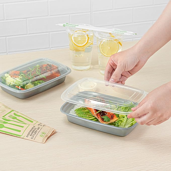 Restaurantware Asporto 28 Ounce Take Out Containers, 100 Food Containers With Lids - Microwavable, Disposable, Silver Plastic To Go Food Containers, No BPA, For Take Out And Delivery