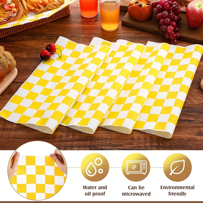 Honeydak 600 Pcs Sandwich Wrapping Paper Sheet 15x15 Checkered Food Wax Sheets Parchment Paper Basket Liner Grease Restaurant Wedding Party Supplies for Wrapping Bread Burgers(Yellow)