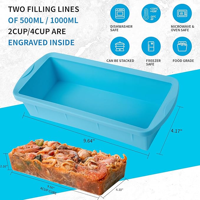 Silicone Freezer Tray with Lid 2 Pack Silicone Freezer Molds - Large Ice Cube Tray - Makes 2 Perfect 4 Cup Portions Soup Cubes Meal Prep Containers- Oven & Dishwasher Safe