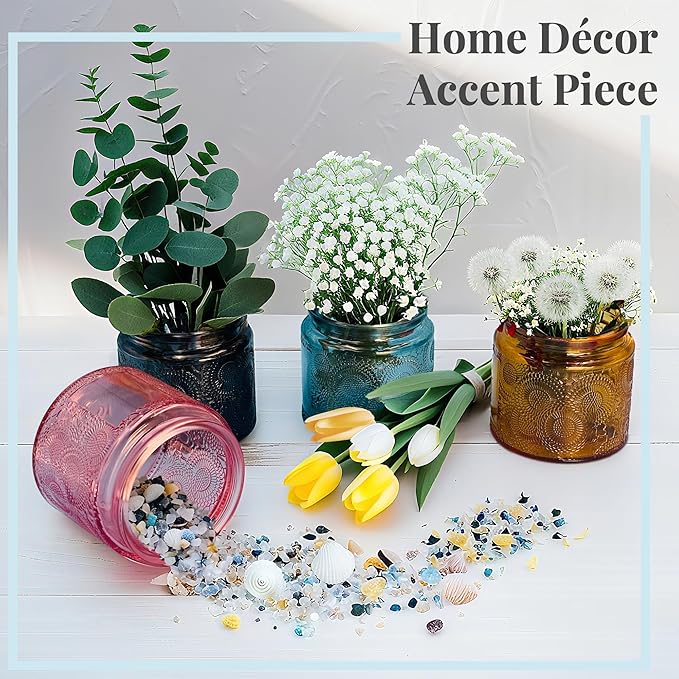 12 oz Decorative Glass Storage Jars with Airtight Bamboo Lids - 8 Pack Blue - Sunflower Embossed Spice, Candle & Home Organizer Set