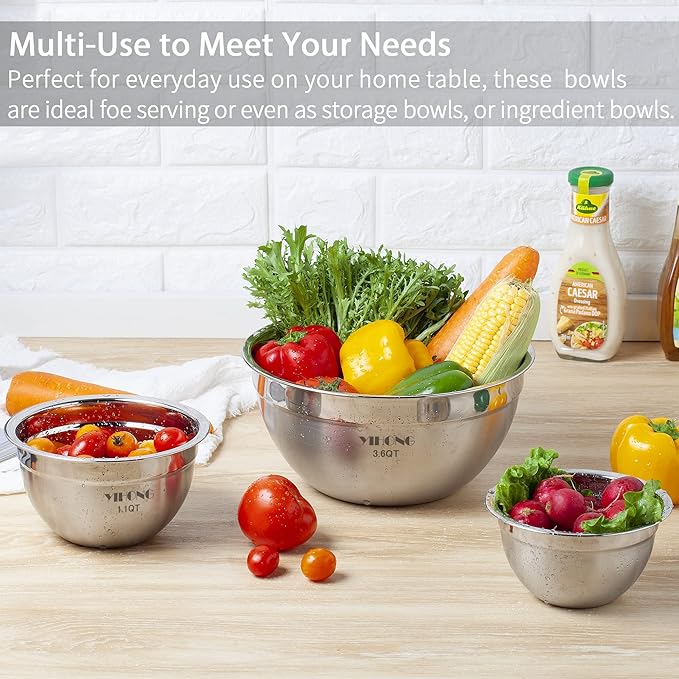 YIHONG 7 Piece Metal Mixing Bowls with Lids for Kitchen, Stainless Steel Set Ideal for Baking, Prepping, Cooking and Serving Food, Nesting Design for Space Saving Storage(White)