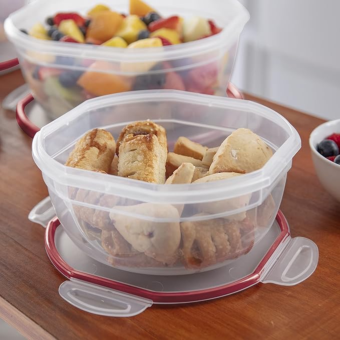 Sterilite Ultra-Seal 2.5 Qt Bowl, Airtight Food Storage Container, Plastic, Latching Lid, Microwave and Dishwasher Safe, Clear With Red Gasket, 4-Pack