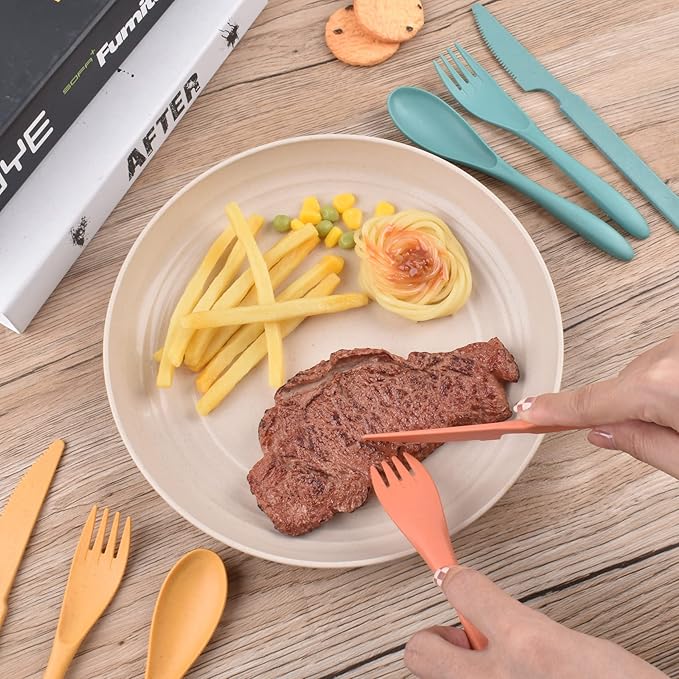 Knives Spoons and Forks Set, Wheat Straw Cutlery Set, Reusable Flatware Set for 4, Utensils for Party, Travel, Work, Picnic, Camping or Daily Use (2)