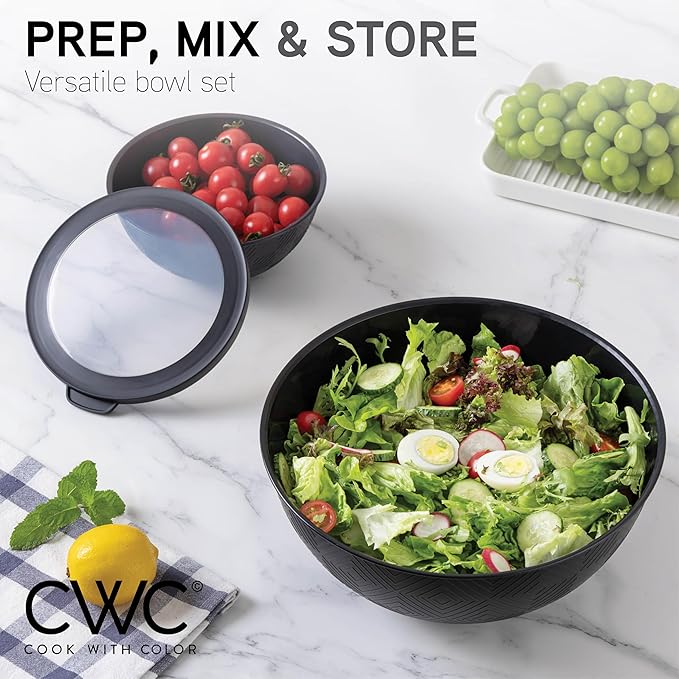 COOK WITH COLOR Mixing Bowls with Lids - 12 Piece Plastic Nesting Bowls Set includes 6 Prep Bowls and 6 Lids, Non Slip Bottom and Rhombus Design - Microwave Safe (Black)