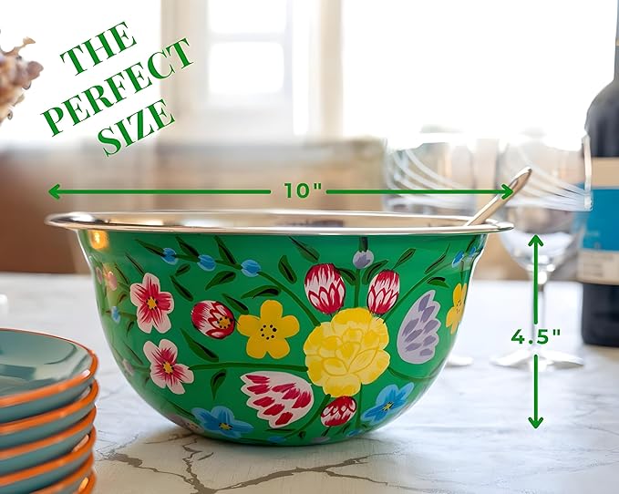 Large Hand Painted Stainless Steel Fruit Bowl - Decorative Floral for Salad Mixing and Serving - Traditional Kashmiri Art for Home Decor (Green.)