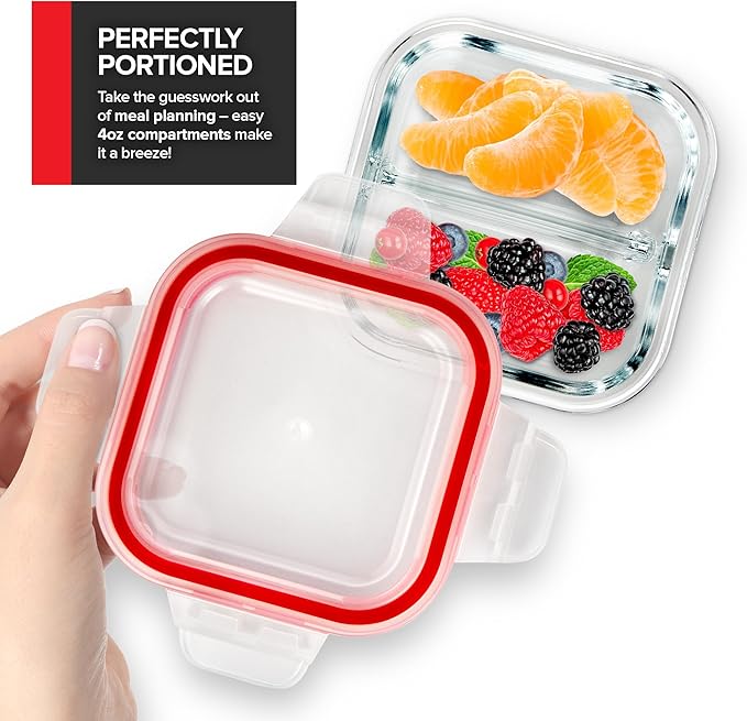 Glass Portion Control Bariatric Containers (3 Pack), 1 Cup Food Containers with Two 4 oz Compartments, 4oz Food Storage Containers for meal prep, Microwave Safe Glass Portion Containers with Lids