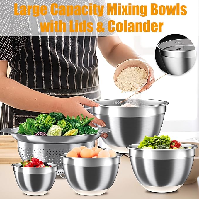 Mixing Bowls with Airtight Lids Set, 4 Stainless Steel Bowls Nesting Bowls & Colander, Kitchen Organizers and Storage Non-Slip Bottom, Size 1.5/2.0/2.5/4.0QT, Great for Mixing & Serving, Khaki