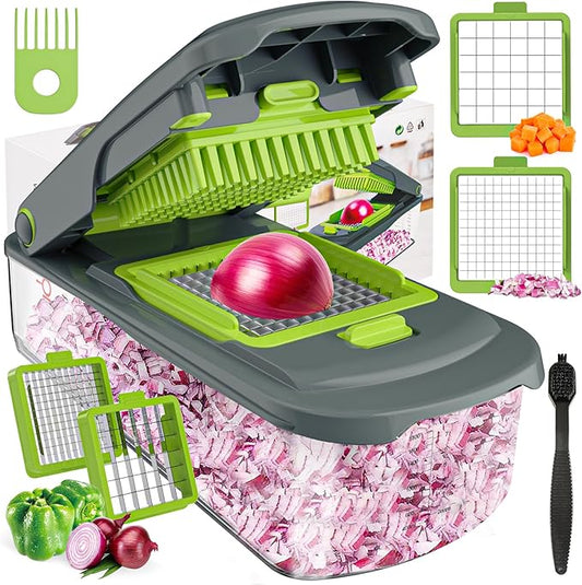 Cambom Vegetable Chopper With Container, Multifunctional Food Chopper Onion & Vegetable Cutter Dicer With 8 Blades, Carrot & Veggie Slicer 2 Blades Grey