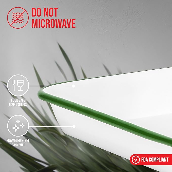 Red Co. 11" x 9" Enamelware Metal Classic 2 Quart Rectangular Serving Tray, Solid White/Dark Green Rim