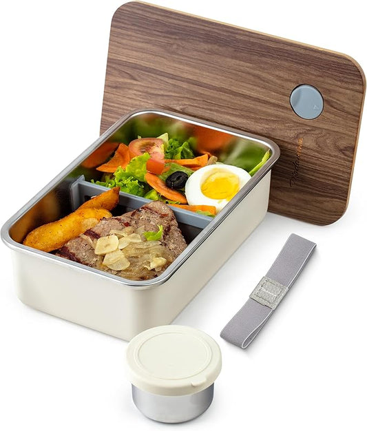 Leak Resistant Stainless Steel Bento Box For Adults|Stainless Steel Lunch Box for Adults |44Oz| BentoBox/Lunchbox| Lunch Container | Microwave Safe (Bottom container) |Bamboo Lid- Vanilla