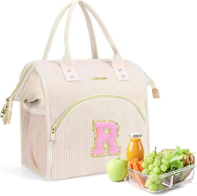 Personalized Initials Lunch Box for Women& Men, Preppy Reusable 10 L Insulated Lunch Bag, Leakproof Large Rdults lunch tote Cooler Bags Insulated for Beach,Travel,Work, Picnic-Birthday Gifts（Beige R）