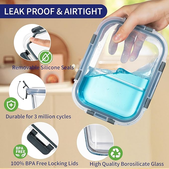 MFY 5-Pack 36 OZ Glass Storage Containers with Lids - 2 Compartment Meal Prep Set, Airtight Glass Lunch Containers, Microwave, Oven, Freezer & Dishwasher Safe, Gray