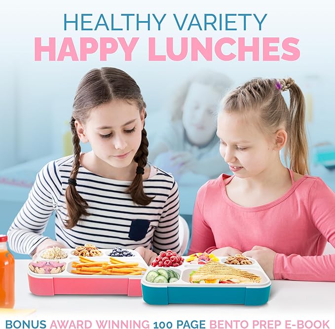 Bento Lunch Box Kids & Adult: Leakproof Containers for Boys & Girls with 6 Compartments - School, Daycare, Meal Planning Portion Control Container, BPA-Free Boxes, Utensils, Blue & Pink Set