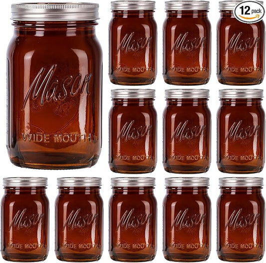 WELLIFE Amber Mason Jars, 12 Pack wide mouth mason jars for Pickling, Canning, Fermenting and Food Storage, Microwave & Dishwasher Safe