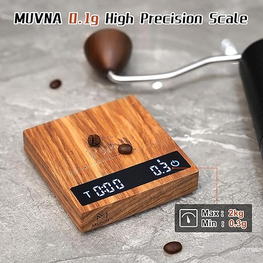 0.1g High Precision Digital Mini Coffee Scale, 0.3g to 2kg Measuring Range Rechargeable Espresso Mini Scale with Tare Function, LED Display(Wood)