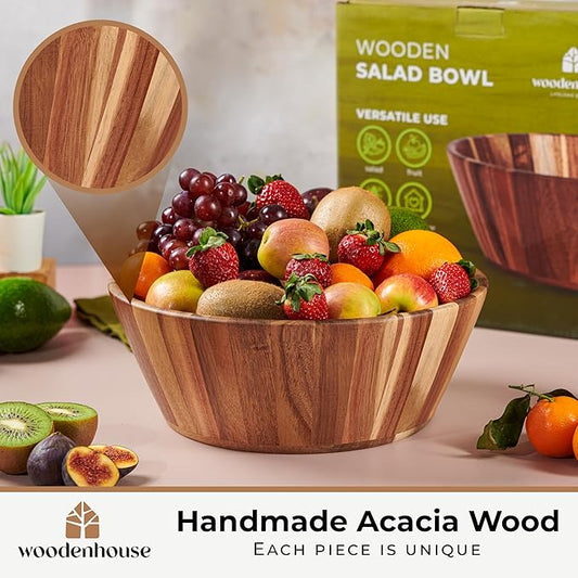 Wooden Salad Bowl, Salad Bowl, Wooden Bowl - 12" Round Design Fruit Bowl, Handmade, Durable and Stylish Natural Wood Dining Accessory by Woodenhouse