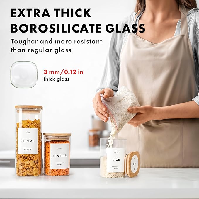 Square Glass Storage Containers with Bamboo Lids 12-Pack (4x 30 oz, 8x 17 oz) Airtight Storage Jars with Lids for Food, Stackable Kitchen Canisters with 114 Labels for Pantry [Thicker Glass 3mm]