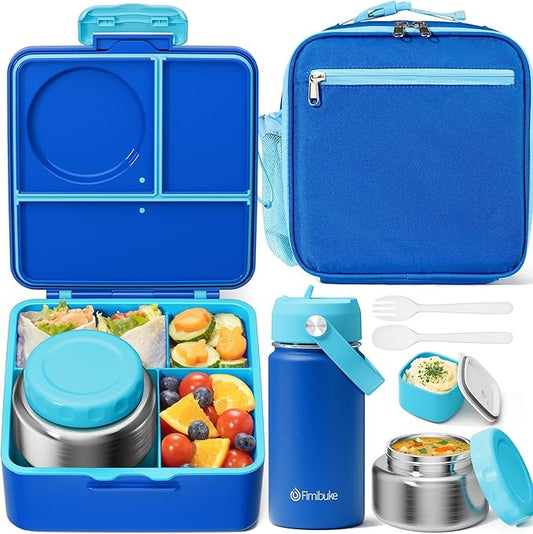 Fimibuke Bento Box for Kids Adult - Leakproof 3-4 Compartments Lunch Bento Box Set with Insulated Thermos Food Jar, Water Bottle, Lunch Bag, Sauce Cup & Cutlery for Toddler Teen Shcool Girl Boy Age 3+