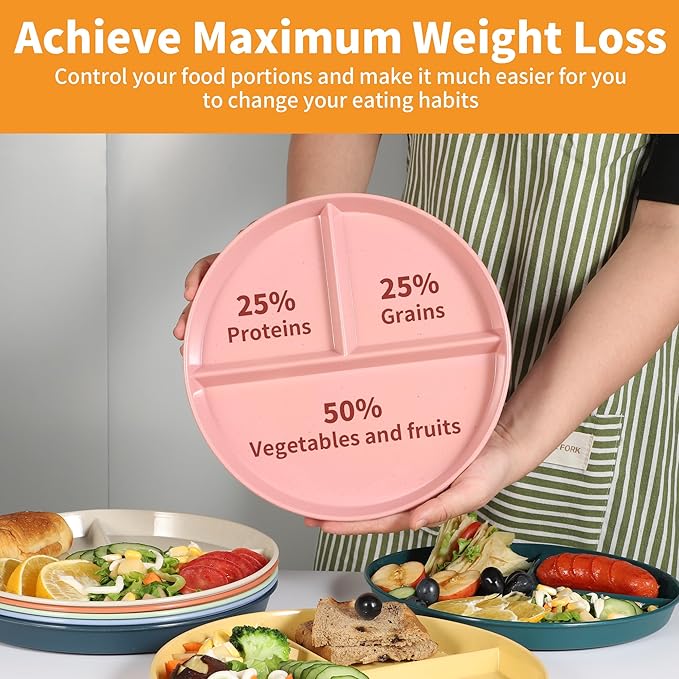 9" Unbreakable Divided Plates (8 PCS). Microwave & Dishwasher Safe! For kids & adults. Wheat straw, BPA - free. Portion control for health/weight loss. 3 -compartment, durable & smooth.