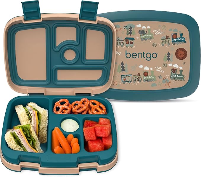 Bentgo Kids Prints Leak-Proof, 5-Compartment Bento-Style Kids Lunch Box - Ideal Portion Sizes for Ages 3-7, Durable, Drop-Proof, Dishwasher Safe, & Made with BPA-Free Materials (Trains)