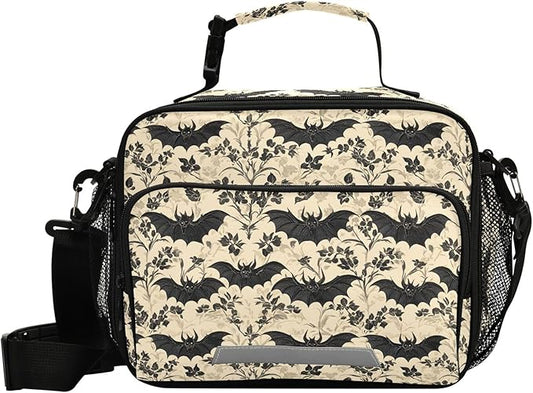MNSRUU Student Lunch Bag Bats and Flowers Vintage Insulated DinnerTotes Picnic Bag Lunch Box with Adjustable Shoulder Strap for Teen Kids Adults