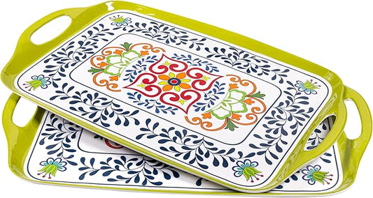 Large Serving Platter with Handles,19”x12”Large Rectangular Melamine Serving Tray Set of 2, Kitchen Food and BBQ Serving Platter, Talavera Grilling Prep and Serve Tray, Dishwasher Safe