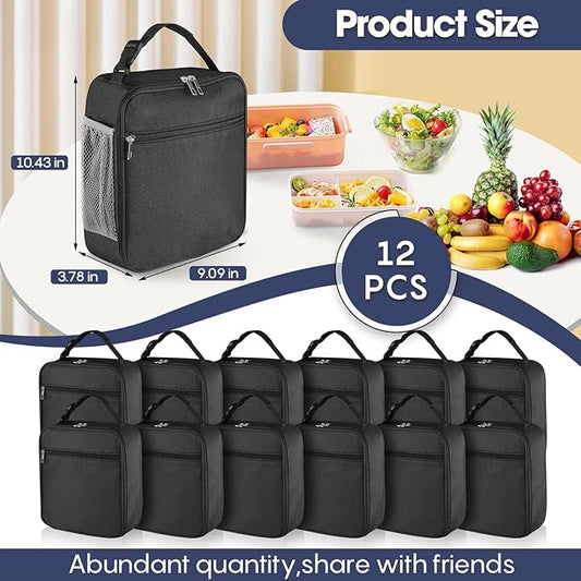 12 Pack lunch box Bulk,Insulated Reusable Lunch Bags with Aluminum for Women Men Girls,Leakproof lunch boxes,Small Lunch Tote Bag for Office,Work,Beach or Travel,Black