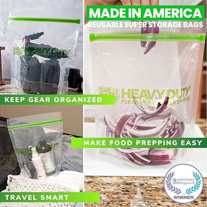 Smelly Proof HEAVY DUTY Reusable STAND-UP Ziplock Bags for Food Storage, USA Made, NO PEVA & BPA FREE, Reusable Freezer Bags, Dishwasher-Safe, Triple Zip, CLEAR 5-mils LRG Quart 8.5" x 10" - 5pk