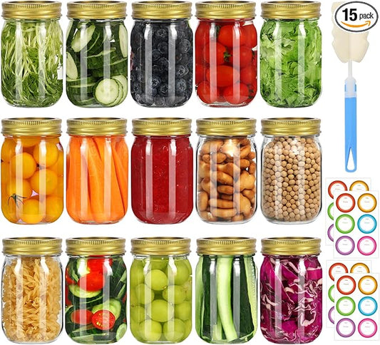Mason Jars 16 oz with Gold Lids and Bands, 15 Pack Canning Jars, Clear Regular Mouth Glass Jars for Canning and Fermenting, Labels & Brusher Included - Microwave & Dishwasher Safe