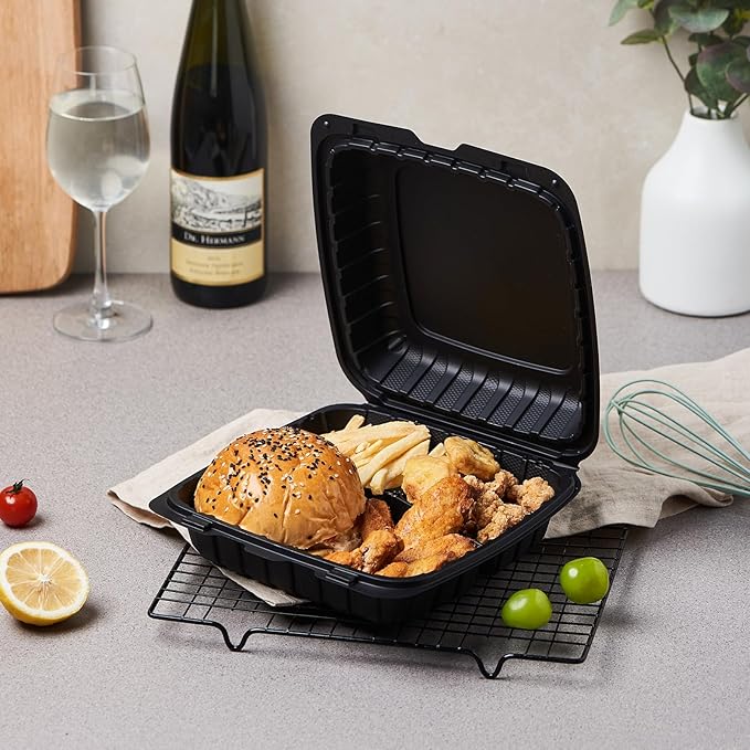 9X9 3-Compartment 50-Pack Plastic Clamshell Takeout Food Trays Heavy Duty Togo Disposable Box For Pasta Salad Sandwich Carryout Hinged Containers With Secure Snap Lid (Formerly FULING)