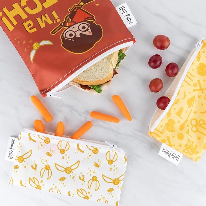 Bumkins Reusable Sandwich and Snack Bags, for Kids School Lunch and for Adults Portion, Washable Fabric, Waterproof Cloth Zip Bag, Travel Pouch, Food-Safe Storage, 3-pk Harry Potter Quidditch