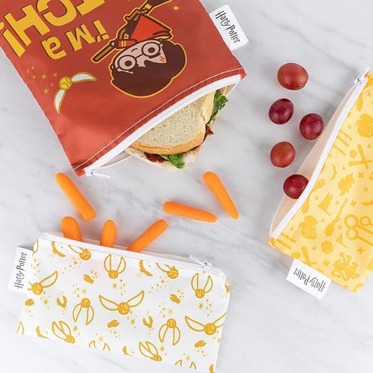 Bumkins Reusable Sandwich and Snack Bags, for Kids School Lunch and for Adults Portion, Washable Fabric, Waterproof Cloth Zip Bag, Travel Pouch, Food-Safe Storage, 3-pk Harry Potter Quidditch