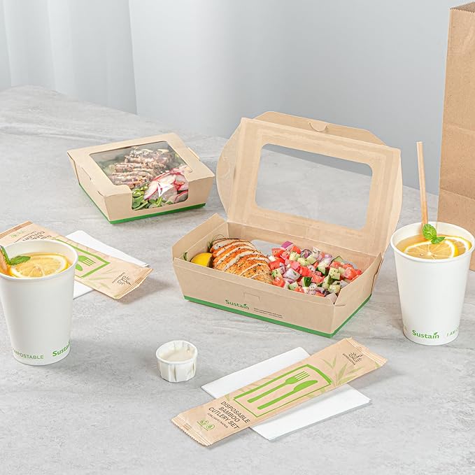 Restaurantware-Sustain 35 Ounce Sturdy Paper Take Out Boxes, 50 Disposable Take Out Food Containers - With PLA lining, Two Clear PLA Windows, Bamboo Paper Containers, Compostable, Tab-Lock Design