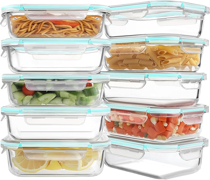HOMBERKING 10 Pack 22oz Glass Meal Prep Containers, Glass Food Storage Containers with Lids, Airtight Glass Lunch Bento Boxes, BPA-Free & Leak Proof (10 lids & 10 Containers) - Blue