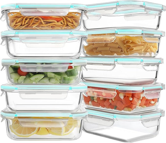 HOMBERKING 10 Pack 22oz Glass Meal Prep Containers, Glass Food Storage Containers with Lids, Airtight Glass Lunch Bento Boxes, BPA-Free & Leak Proof (10 lids & 10 Containers) - Blue