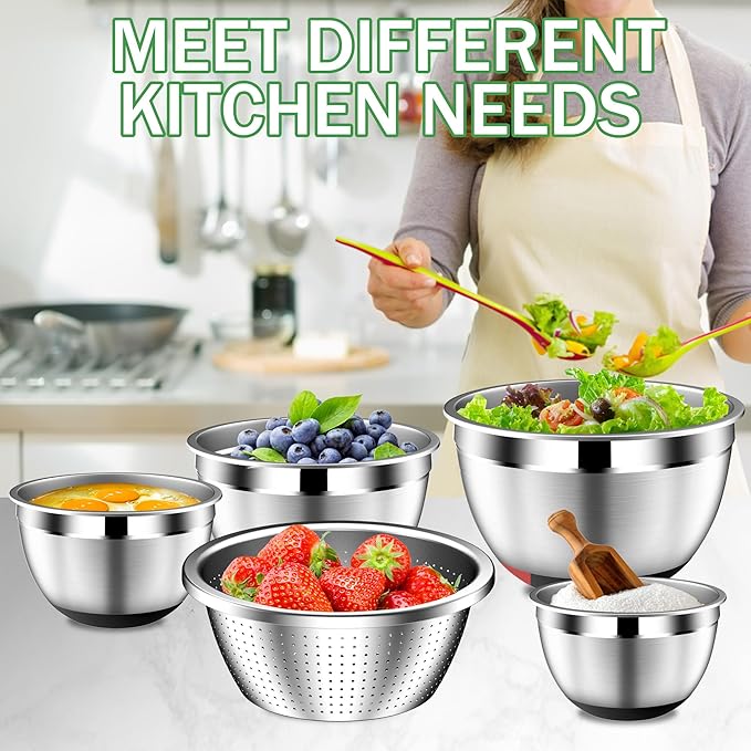 Mixing Bowls with Lids Set, Stainless Steel Mixing Bowls with Colander, Strainer with Mixing Bowl Set, Non-Slip Bottom, Kitchen Gadgets Bowl Christams Gift, Size 4, 2.5, 2, 1.5QT - Black